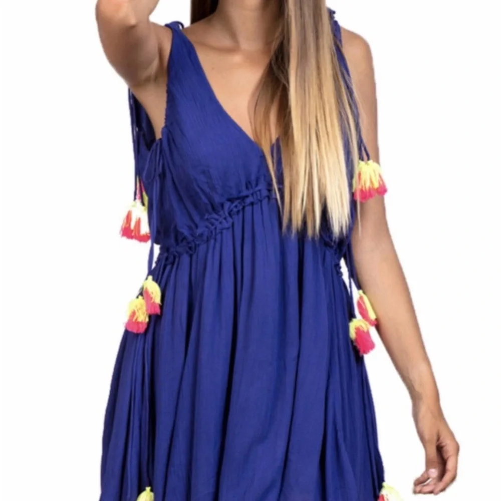 NEW Anthropologie Sundress Mini Light‎ Blue Swim Cover with Neon Tassels Size XS
